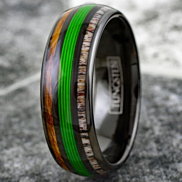 Stunning Polished Black Tungsten Low Dome Ring with Glorious GREEN Real Fishing Line Between Whiskey Barrel Oak Wood and Deer Antler Inlays.