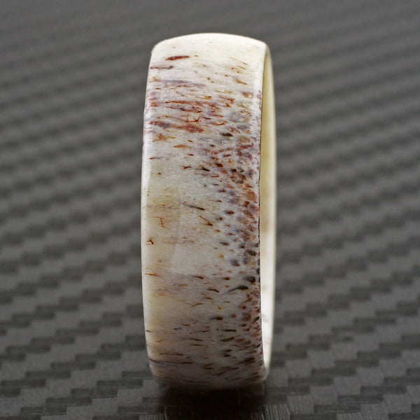 Beautiful Natural Low Dome Speckled White Deer Antler Ring.