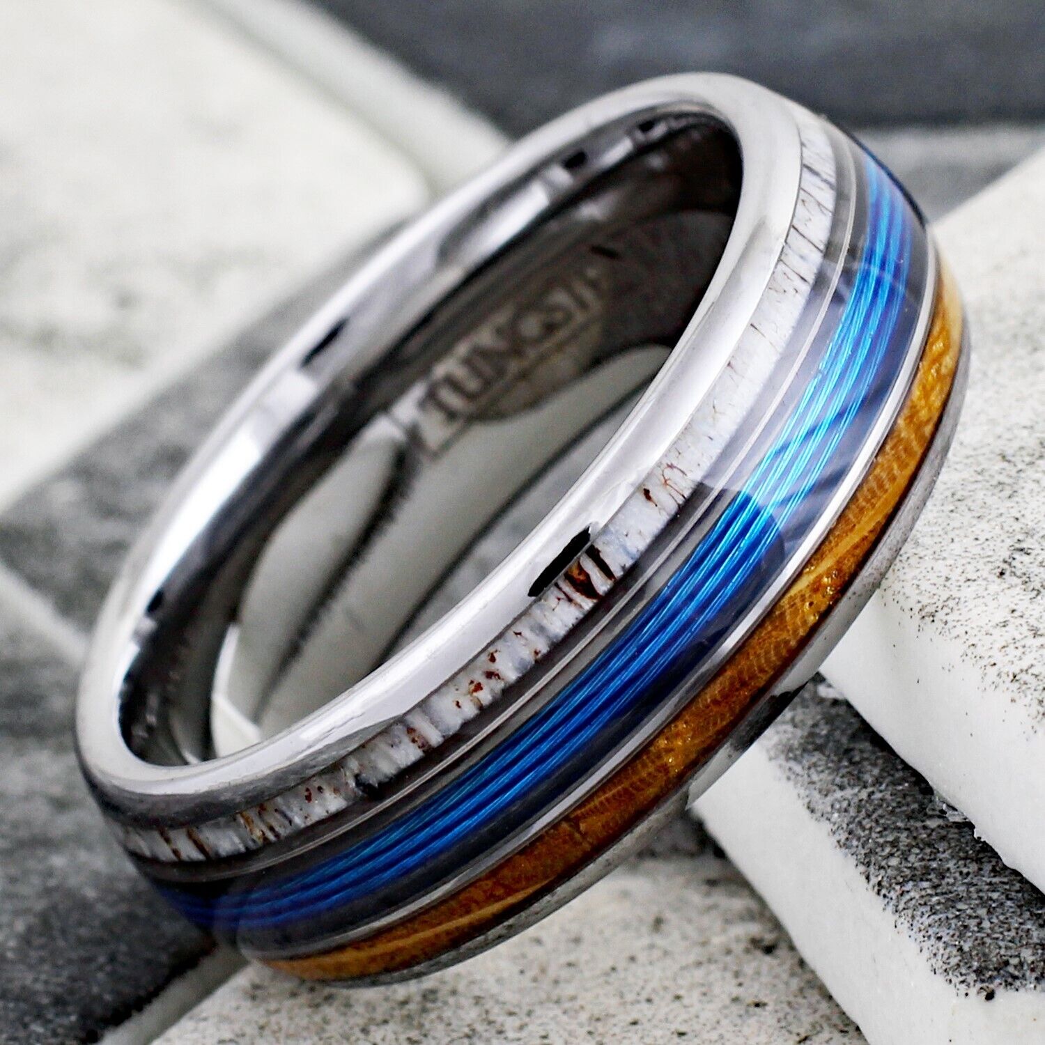 Polished Silver Low Dome Tungsten Band Ring w/ Blue Fishing Line Inlay -  925Express