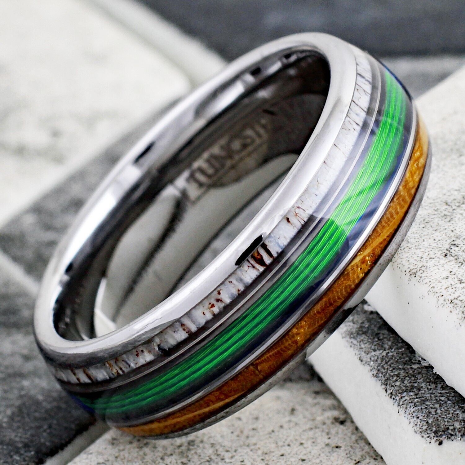 Beautiful Magnificent Polished Silver Tungsten Low Dome Ring with Green Real Fishing Line Between Whiskey Barrel Oak Wood and Deer Antler Inlays.