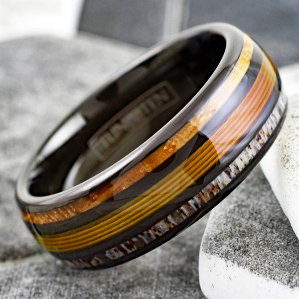Cool Polished Black Tungsten Low Dome Ring with Gorgeous GOLD Real Fishing Line Between Whiskey Barrel Oak Wood and Deer Antler Inlays.