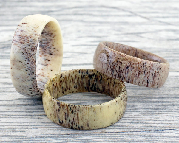 Beautiful Natural Low Dome Speckled White Deer Antler Ring.