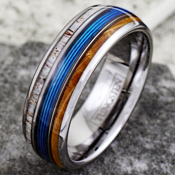 Stunning Mirror Polished Silver Tungsten Low Dome Ring with BLUE Real Fishing Line Between Whiskey Barrel Oak Wood and Deer Antler Inlays.