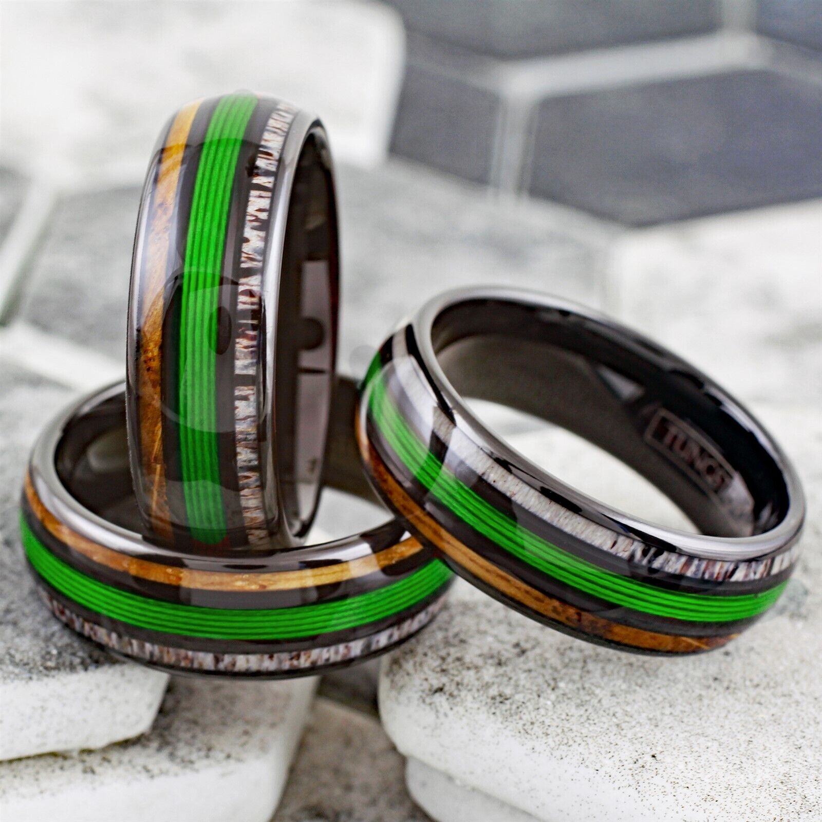 Stunning Polished Black Tungsten Low Dome Ring with Glorious GREEN Real  Fishing Line Between Whiskey Barrel Oak Wood and Deer Antler Inlays.