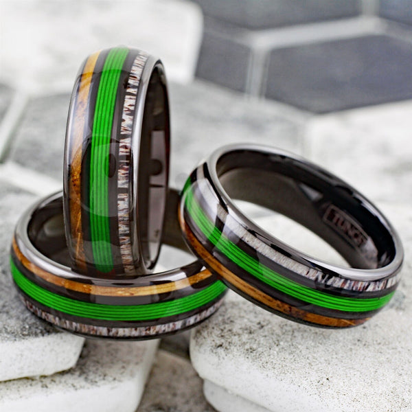 Stunning Polished Black Tungsten Low Dome Ring with Glorious GREEN Real Fishing Line Between Whiskey Barrel Oak Wood and Deer Antler Inlays.