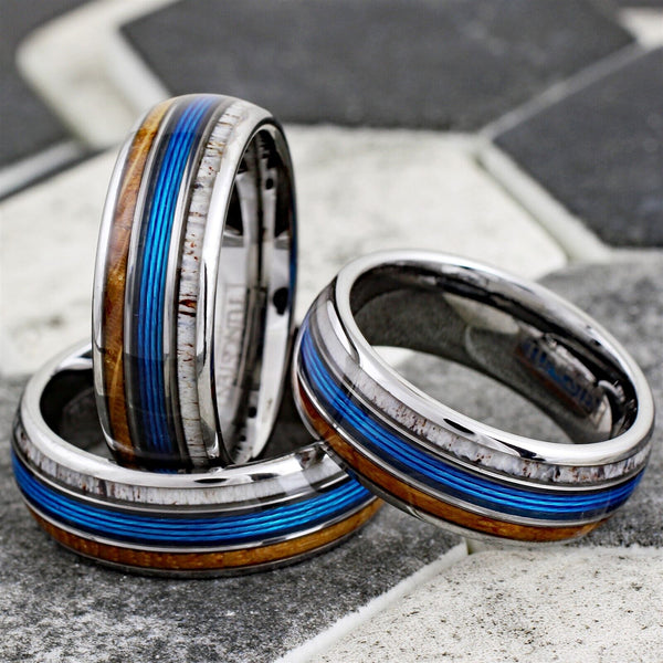 Stunning Mirror Polished Silver Tungsten Low Dome Ring with BLUE Real Fishing Line Between Whiskey Barrel Oak Wood and Deer Antler Inlays.