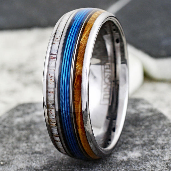 Stunning Mirror Polished Silver Tungsten Low Dome Ring with BLUE Real Fishing Line Between Whiskey Barrel Oak Wood and Deer Antler Inlays.