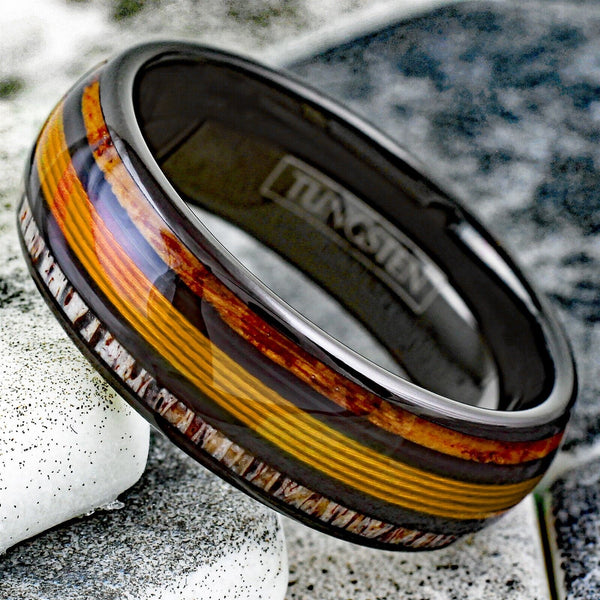 Cool Polished Black Tungsten Low Dome Ring with Gorgeous GOLD Real Fishing Line Between Whiskey Barrel Oak Wood and Deer Antler Inlays.