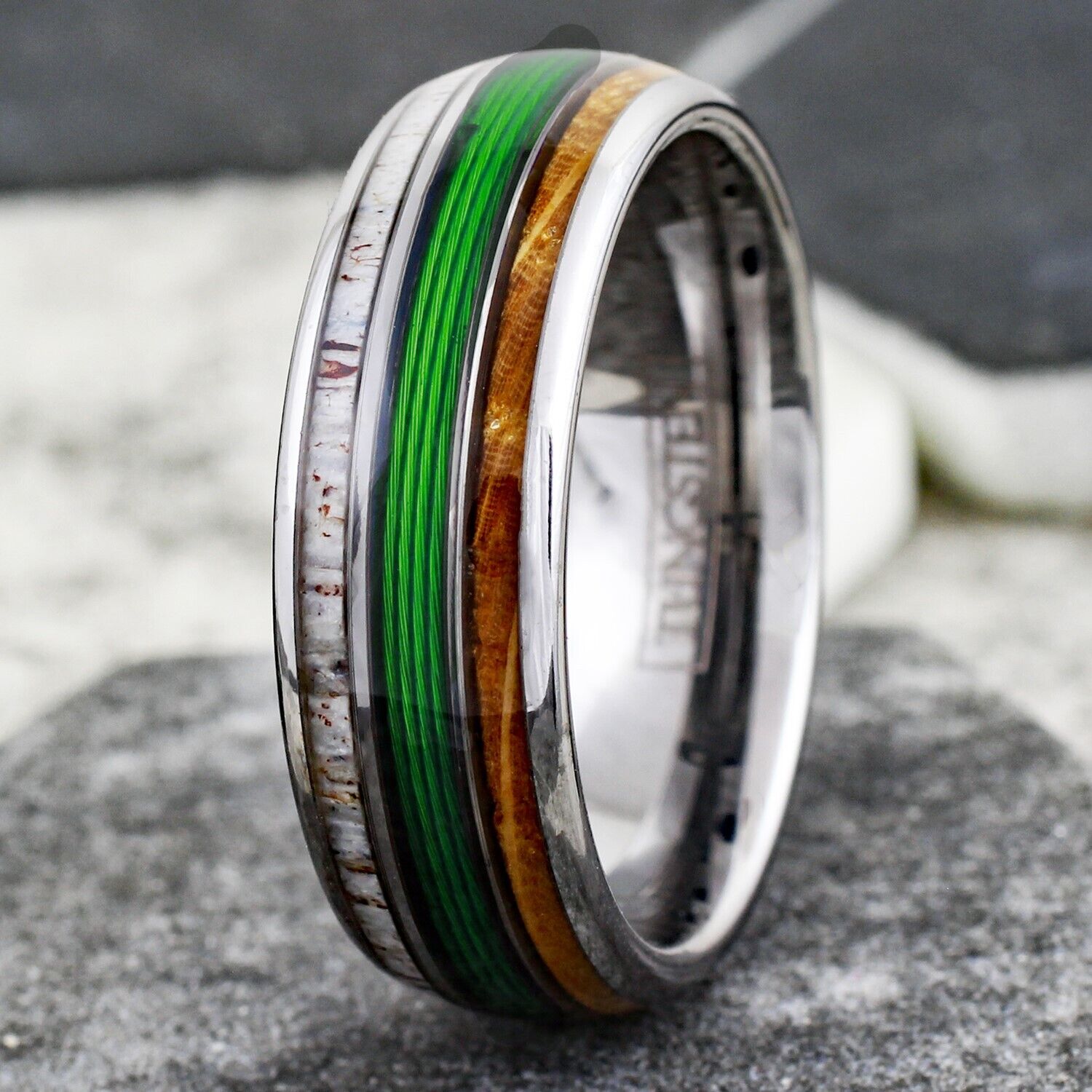 Beautiful Magnificent Polished Silver Tungsten Low Dome Ring with Green Real Fishing Line Between Whiskey Barrel Oak Wood and Deer Antler Inlays.