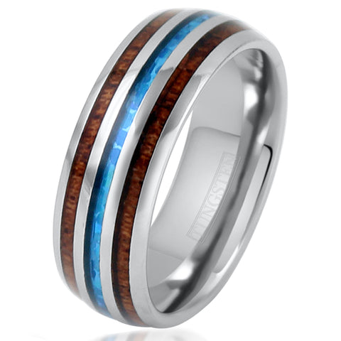 Elegant Mirror Polished Tungsten Dome Ring w/ Lovely Man-made Opal Inlay Between 2 Koa Wood Inlays.