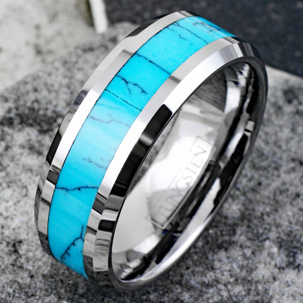 Mirror Polished Silver Tungsten Wedding Band with a Sassy Turquoise Inlay. For Men and Women. Couple Ring