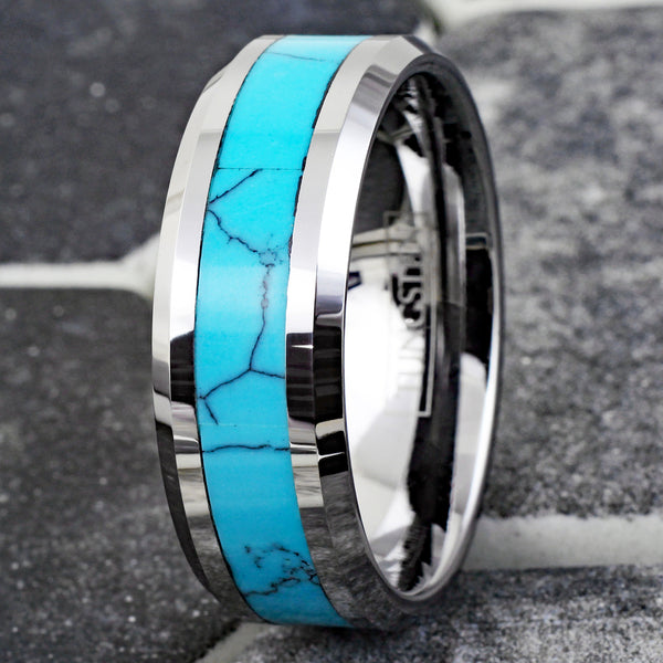 Mirror Polished Silver Tungsten Wedding Band with a Sassy Turquoise Inlay. For Men and Women. Couple Ring