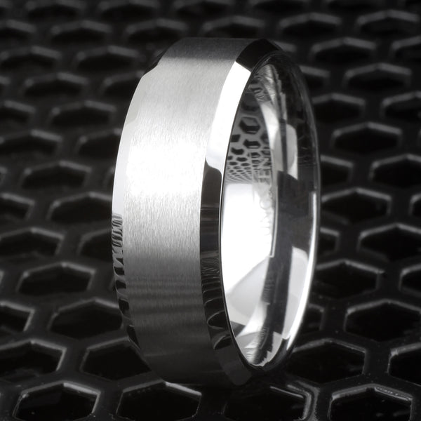 Brilliant Mirror Polished Silver Tungsten Ring with Satin Brushed Finish Stripe and Beveled Edges. Available in 3 widths, 6mm, 8mm, and 10mm. For Men and Women. Couple Ring