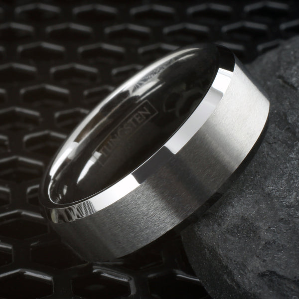 Brilliant Mirror Polished Silver Tungsten Ring with Satin Brushed Finish Stripe and Beveled Edges. Available in 3 widths, 6mm, 8mm, and 10mm. For Men and Women. Couple Ring