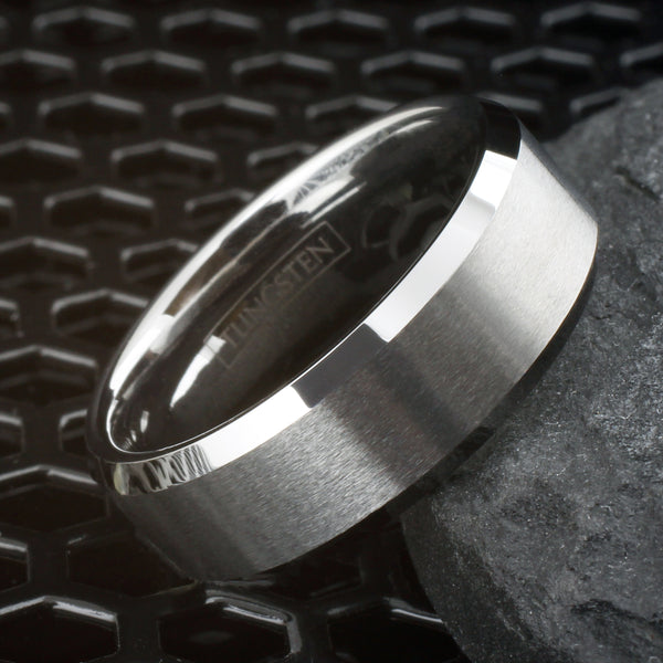 Brilliant Mirror Polished Silver Tungsten Ring with Satin Brushed Finish Stripe and Beveled Edges. Available in 3 widths, 6mm, 8mm, and 10mm. For Men and Women. Couple Ring