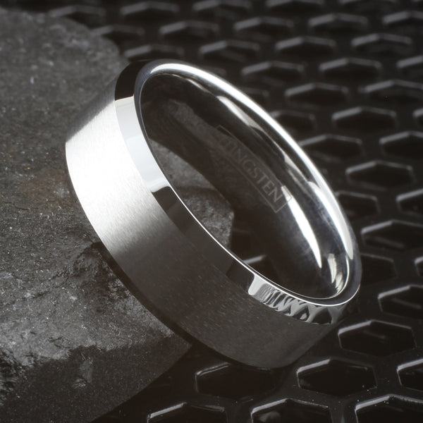 Brilliant Mirror Polished Silver Tungsten Ring with Satin Brushed Finish Stripe and Beveled Edges. Available in 3 widths, 6mm, 8mm, and 10mm. For Men and Women. Couple Ring