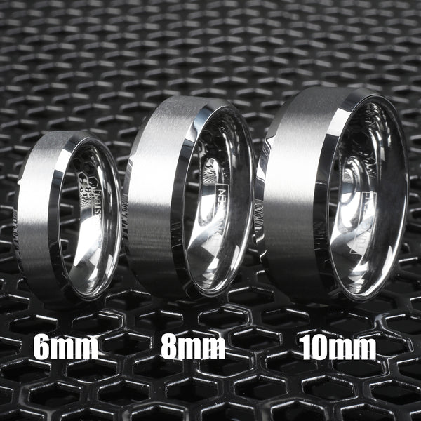 Brilliant Mirror Polished Silver Tungsten Ring with Satin Brushed Finish Stripe and Beveled Edges. Available in 3 widths, 6mm, 8mm, and 10mm. For Men and Women. Couple Ring