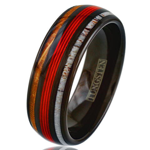 Stunning Magnificent Polished Black Tungsten Low Dome Ring with Ravishing Red Real Fishing Line Between Whiskey Barrel Oak Wood and Deer Antler Inlays. Couple Ring
