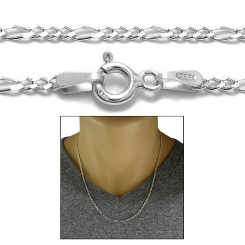 Sterling Silver Figaro Chain Necklace 2mm (Gauge 050). Available in 5 Lengths.
