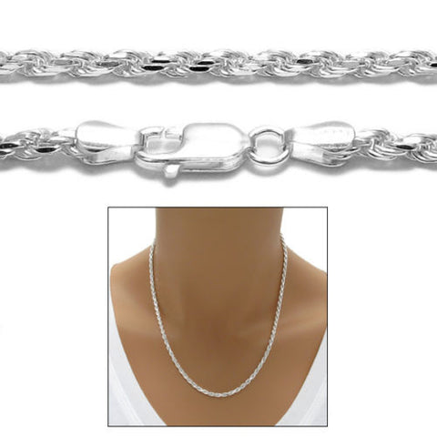 Sterling Silver Diamond Cut Rope Chain Necklace 2.5mm (Gauge 060). Available in 6 Lengths.