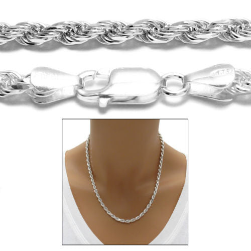 Sterling Silver Diamond Cut Rope Chain Necklace 4.0mm (Gauge 080). Available in 5 Lengths.