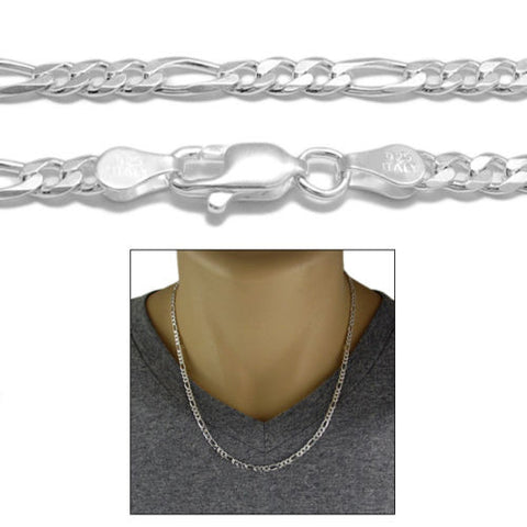 Sterling Silver Figaro Chain Necklace 3mm (Gauge 100). Available in 5 Lengths.