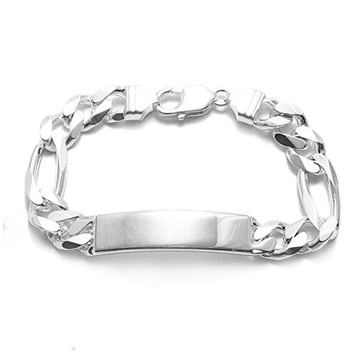 11mm (300 Gauge) Figaro chain ID bracelet w. engravable plate | Wholesale 925 Sterling Silver Jewelry | Item photo