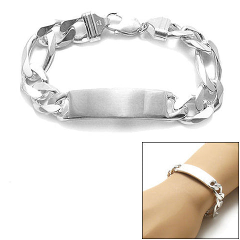 13mm (350 Gauge) Figaro chain ID bracelet w. engravable plate | Wholesale 925 Sterling Silver Jewelry | Combo photo