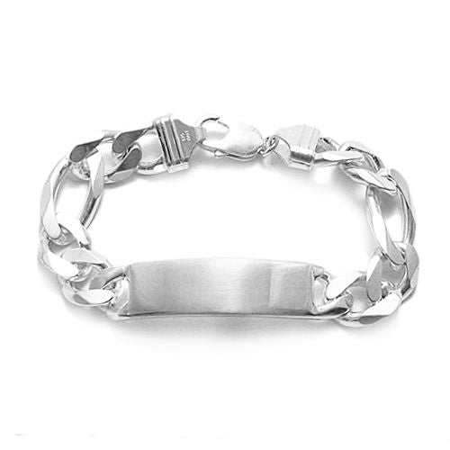 13mm (350 Gauge) Figaro chain ID bracelet w. engravable plate | Wholesale 925 Sterling Silver Jewelry | Item photo
