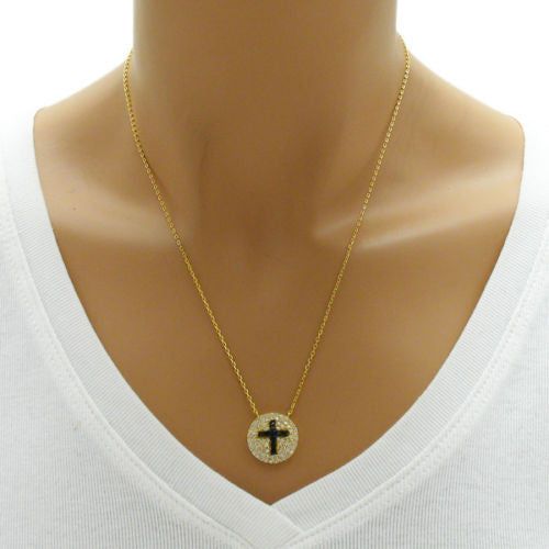 Chic 14K Gold over 2-Tone Multi-CZ Cross Medallion Pendant Necklace | Wholesale 925 Sterling Silver Pendant - Jewelry | Alternate
