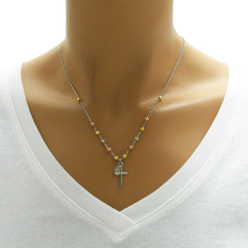 Radiant 18" Tri-Tone Rosary 3mm Bead Necklace with Cross | Wholesale 925 Sterling Silver Pendant - Jewelry | Alternate