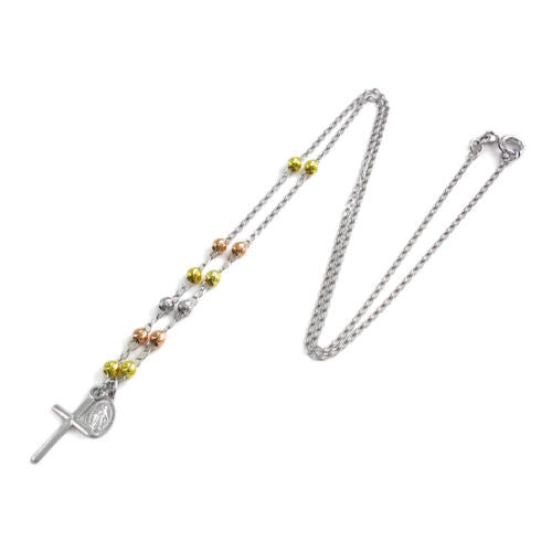 Radiant 18" Tri-Tone Rosary 3mm Bead Necklace with Cross | Wholesale 925 Sterling Silver Pendant - Jewelry | Alternate