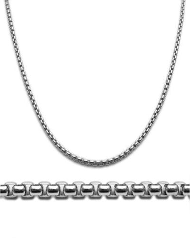 Sterling Silver Rhodium Finish Round Box Chain Necklace in 2.5mm (Gauge 250). Available in 6 Lengths.
