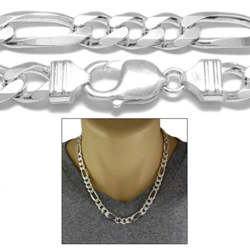 Sterling Silver Figaro Chain Necklace 9mm (Gauge 250). Available in 5 Lengths.