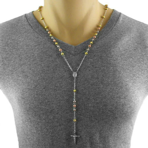 Beautiful 26" Tri-Tone Rosary 5mm Bead Necklace with Crucifix | Wholesale 925 Sterling Silver Pendant - Jewelry | Alternate