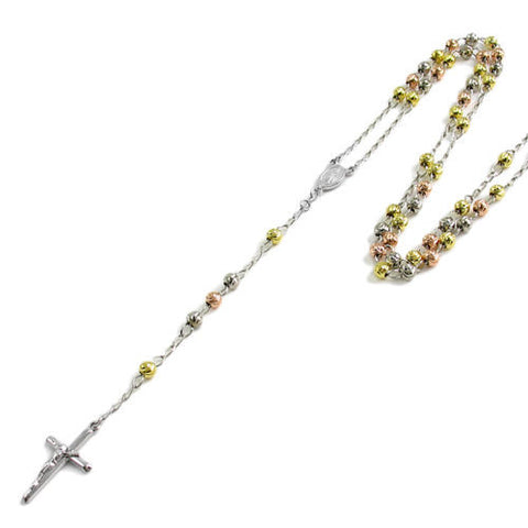 Beautiful 26" Tri-Tone Rosary 5mm Bead Necklace with Crucifix | Wholesale 925 Sterling Silver Pendant - Jewelry | Main