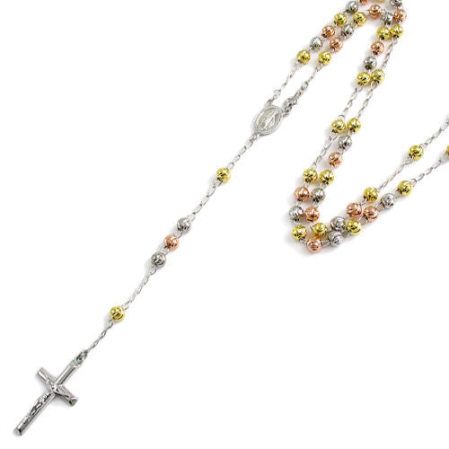 Gorgeous 26" Tri-Tone Rosary 6mm Bead Necklace with Crucifix | Wholesale 925 Sterling Silver Pendant - Jewelry | Main 