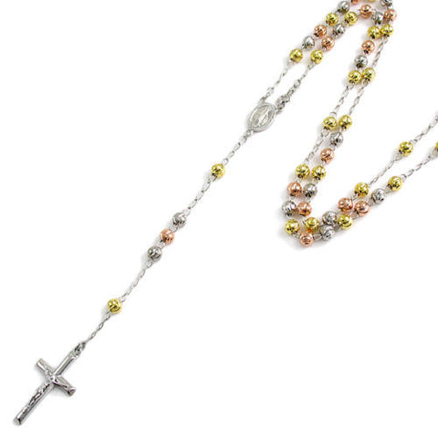 Gorgeous 26" Tri-Tone Rosary 6mm Bead Necklace with Crucifix | Wholesale 925 Sterling Silver Pendant - Jewelry | Main 