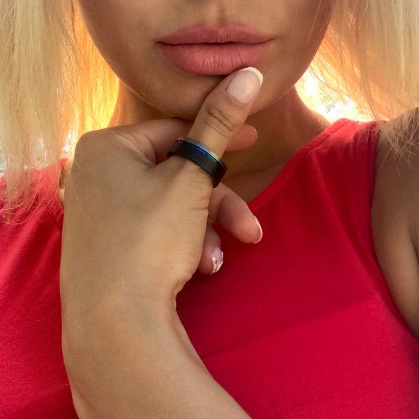 Beautiful Three-Tone Black Tungsten Ring w/ Cobalt Blue Inner Band & Silver Edge Stripe