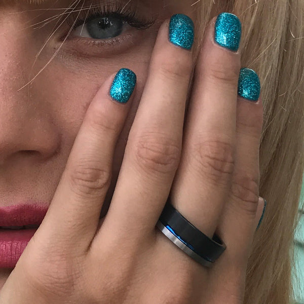 Beautiful Three-Tone Black Tungsten Ring w/ Cobalt Blue Inner Band & Silver Edge Stripe