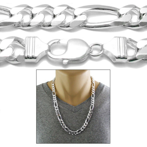 Sterling Silver Figaro Chain Necklace 11mm (Gauge 300). Available in 6 Lengths.