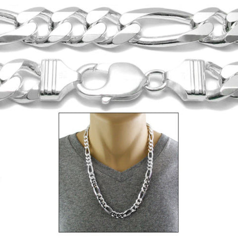 Sterling Silver Figaro Chain Necklace 11mm (Gauge 300). Available in 6 Lengths.