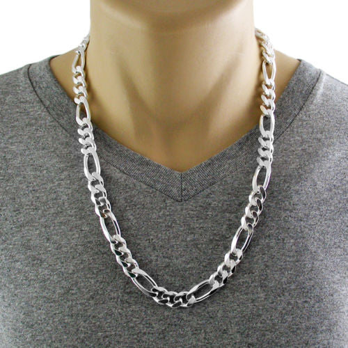 Sterling Silver Figaro Chain Necklace 11mm (Gauge 300). Available in 6 Lengths.