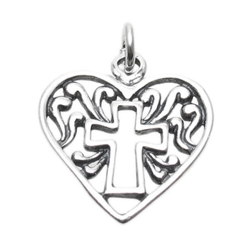 Cross in Ornate Heart Charm. Sterling Silver