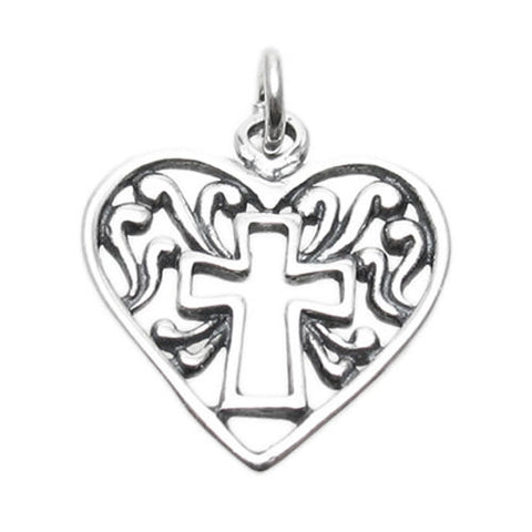 Cross in Ornate Heart Charm. Sterling Silver