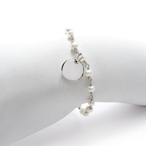 Polished Child's Pearl Beaded Link Bracelet with Engravable Round Tag - 6 Inch | Wholesale 925 Sterling Silver Jewelry | Alternate