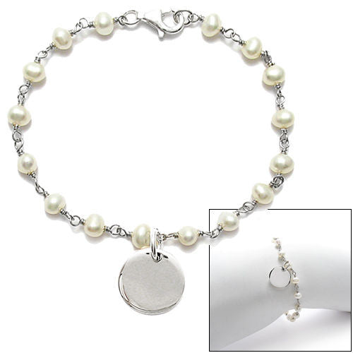 Polished Child's Pearl Beaded Link Bracelet with Engravable Round Tag - 6 Inch | Wholesale 925 Sterling Silver Jewelry | Main