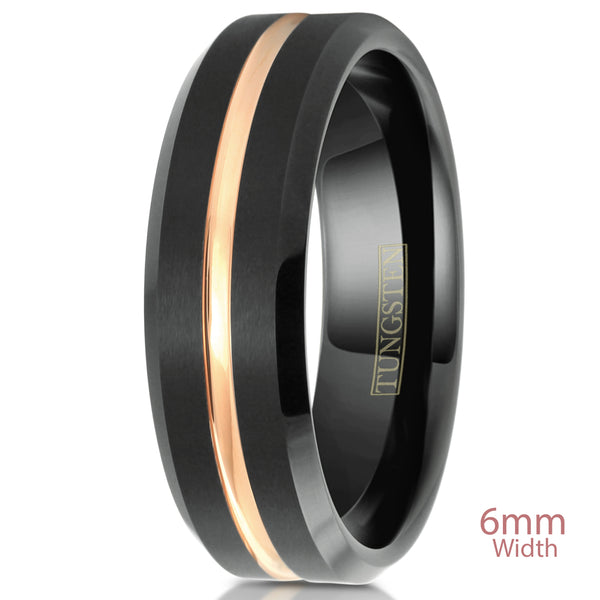 Black tungsten ring w/ recessed rose gold stripe & beveled edges | Wholesale Tungsten Rings - Wedding Bands | 6mm White photo