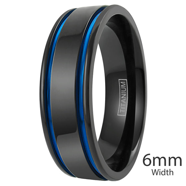 Black titanium ring with two cobalt blue racing stripes | Wholesale wedding bands | Main 6mm photo