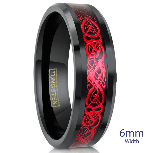 Black tungsten carbide ring | Ruby Red Celtic dragon | Wholesale Tungsten Rings - Wedding Bands | 6mm Upright Photo